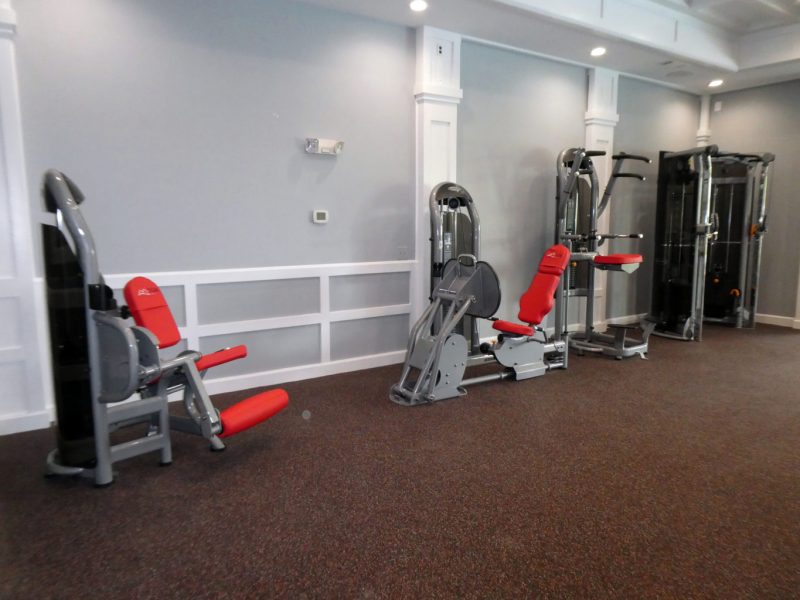 This image showcases the commercial fitness with State-of-the-art athletic club with equipment that is essential for community amenities and offering some chest strength machines.