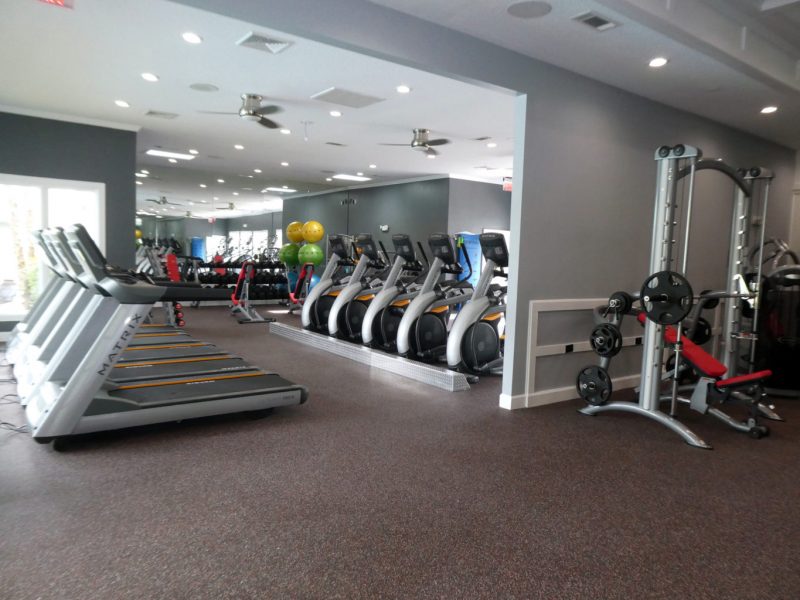 This image shows an expansive view of the fitness gym equipment featuring the standard treadmill, elliptical, and bike. These bikes allow the user to work at their level of resistance and pace while pushing and pulling their arms for an effective full-body workout.