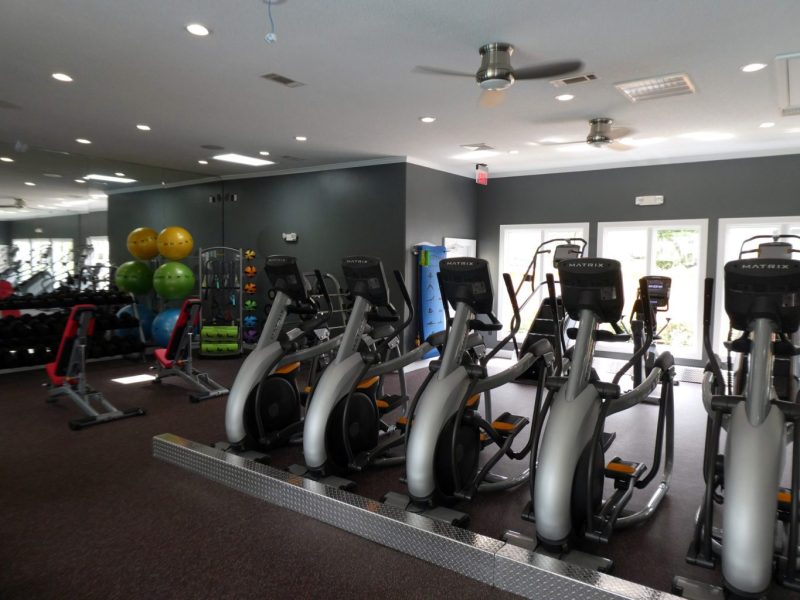 This image shows an expansive view of the fitness gym equipment featuring the standard treadmill, elliptical, and bike. These bikes allow the user to work at their level of resistance and pace while pushing and pulling their arms for an effective full-body workout.