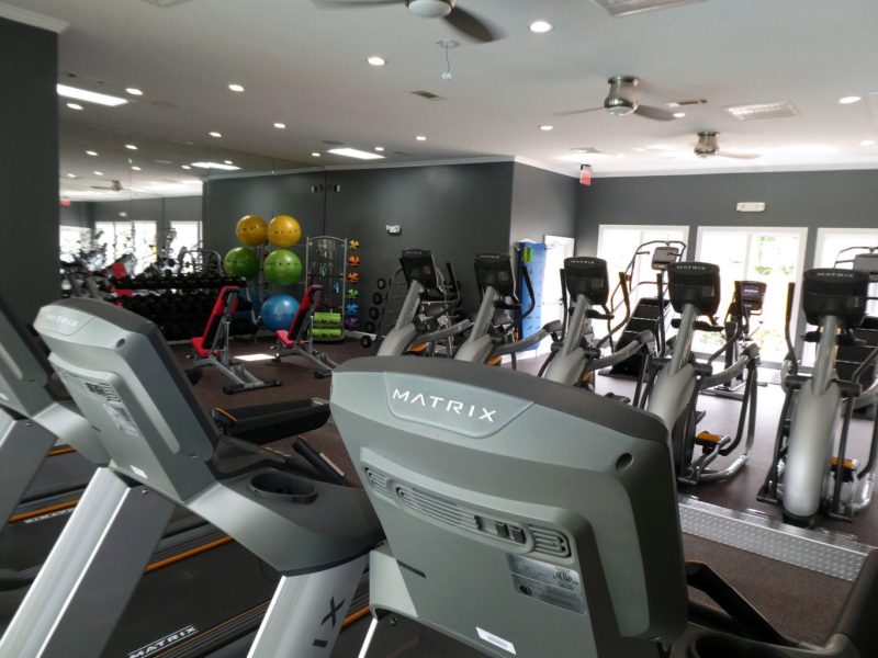 This image shows an expansive view of the fitness gym equipment featuring the standard treadmill, elliptical, and bike. These bikes allow the user to work at their level of resistance and pace while pushing and pulling their arms for an effective full-body workout.