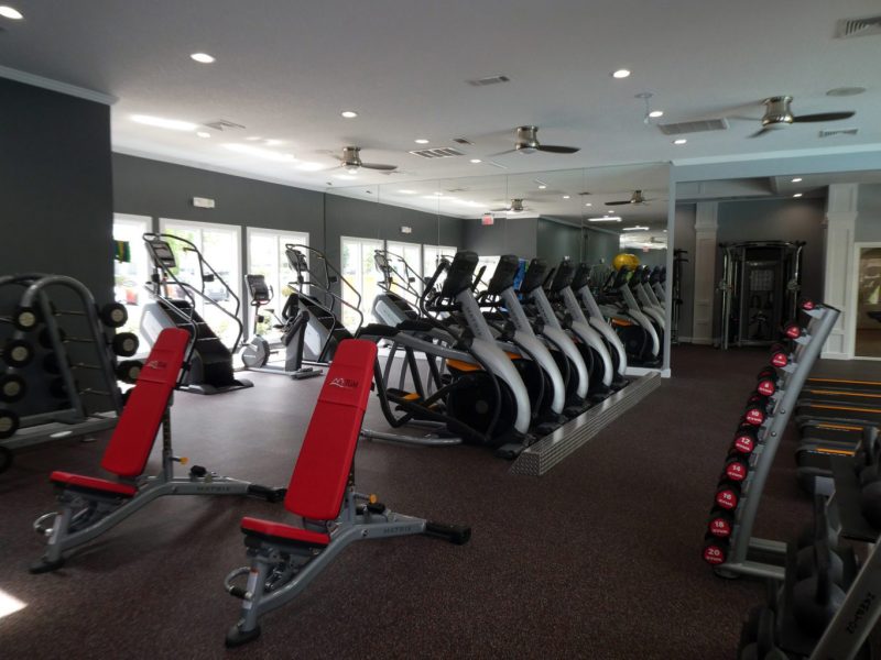 This image showcases the commercial fitness with State-of-the-art athletic club with equipment that is essential for community amenities and offering some chest strength machines.